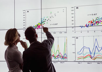 Two people analyze data in various line and scatter plot graphs on a wall of computer screens.
