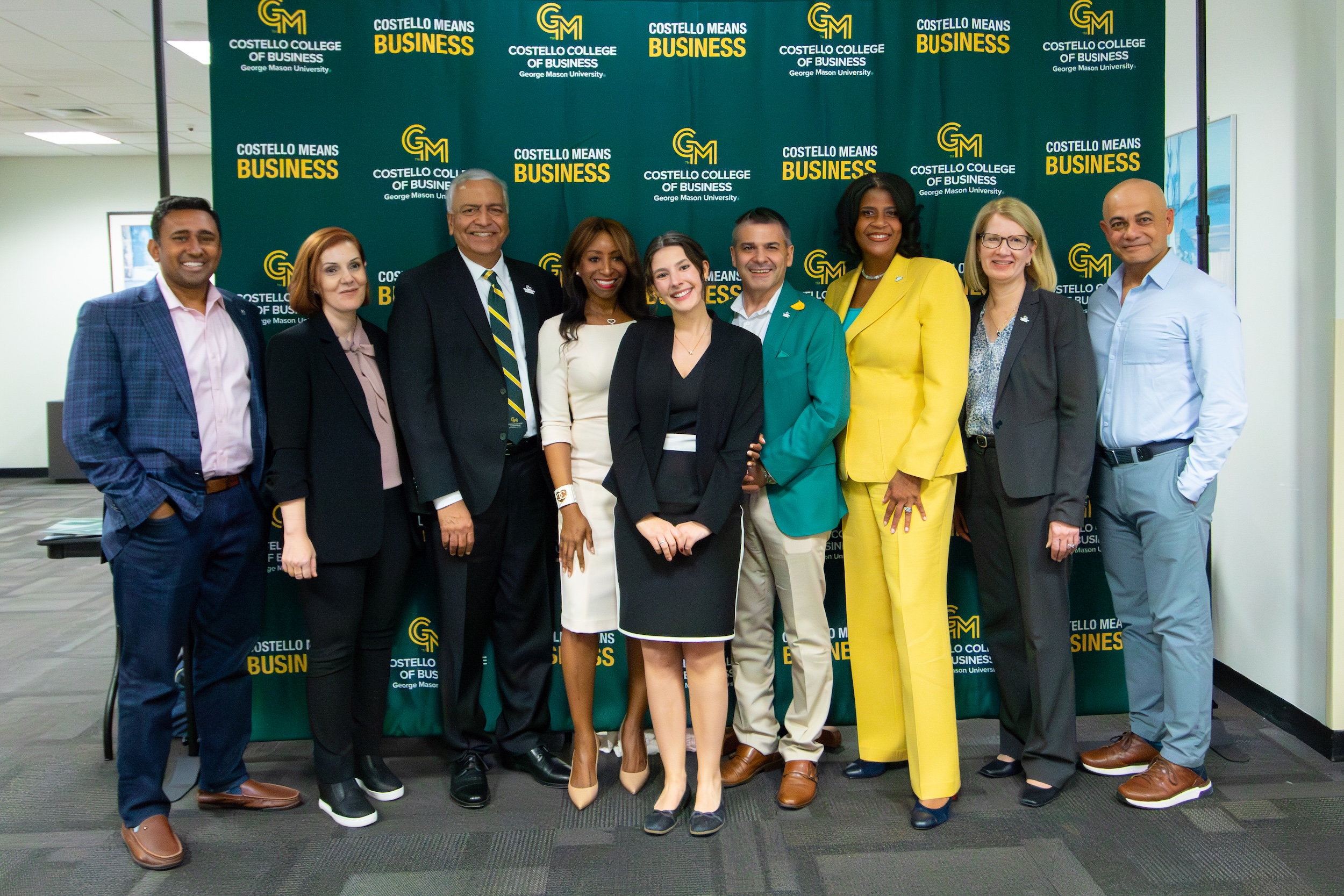 From left,&nbsp;Rajiv Shenoy, Amarda Shehu, Dean Ajay Vinzé, Tasha Austin-Williams, Julia Coulter, Patrick Soleymani, Guylaine Sainte Juste, Cheryl Druehl, James Suh. Photo by Hannah Patterson/Costello College of Business.