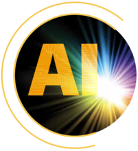 The word "AI" in yellow with a bright rainbow lens flare behind it.